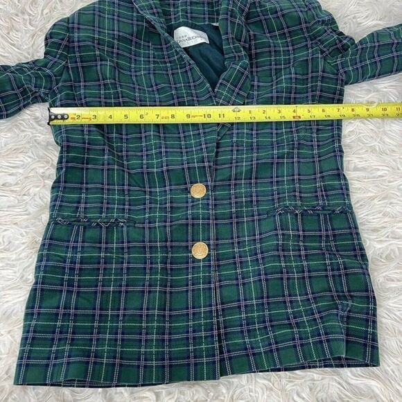 Dana Buchman Vintage 90s Silk Green & Blue Plaid Academia Blazer Petite Size 6 - Picture 4 of 10
